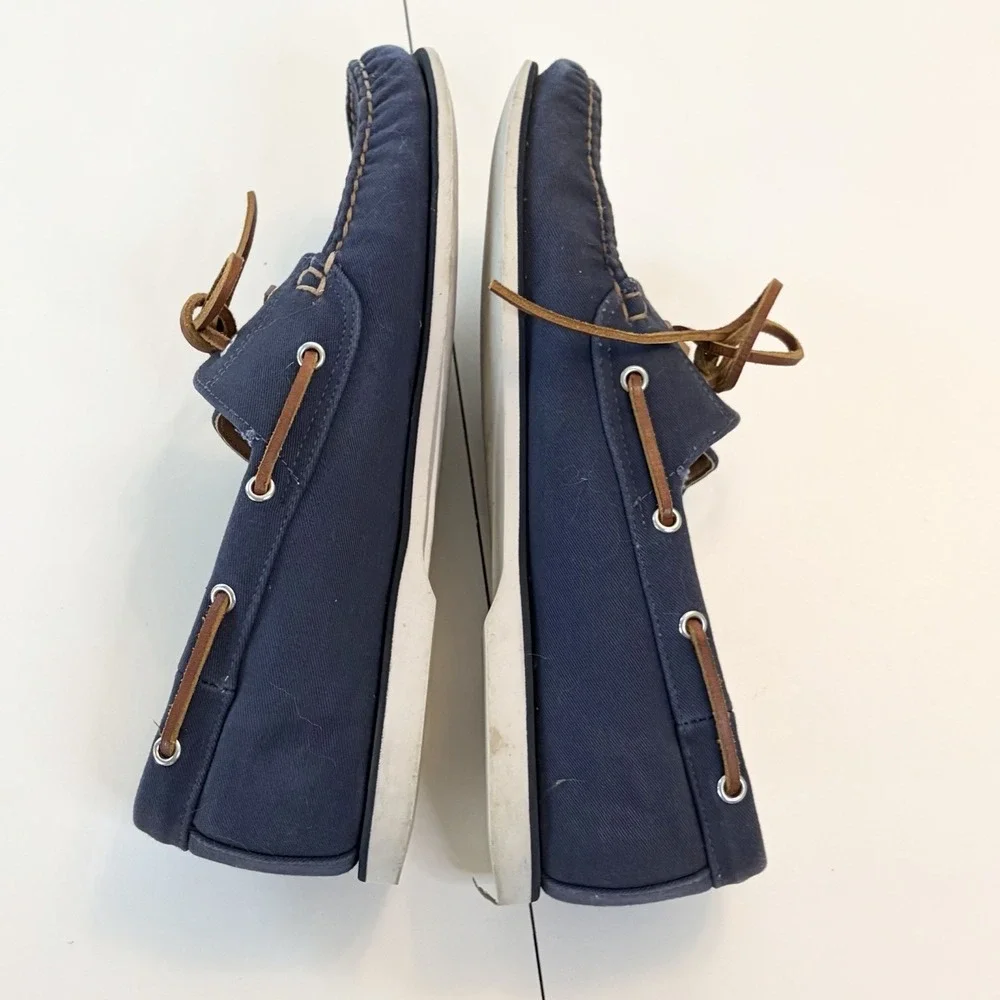 J.Crew Classic Canvas Boat Shoes 2-Eyelet‎ Mens Navy Blue Brown Size 11.5 AQ182